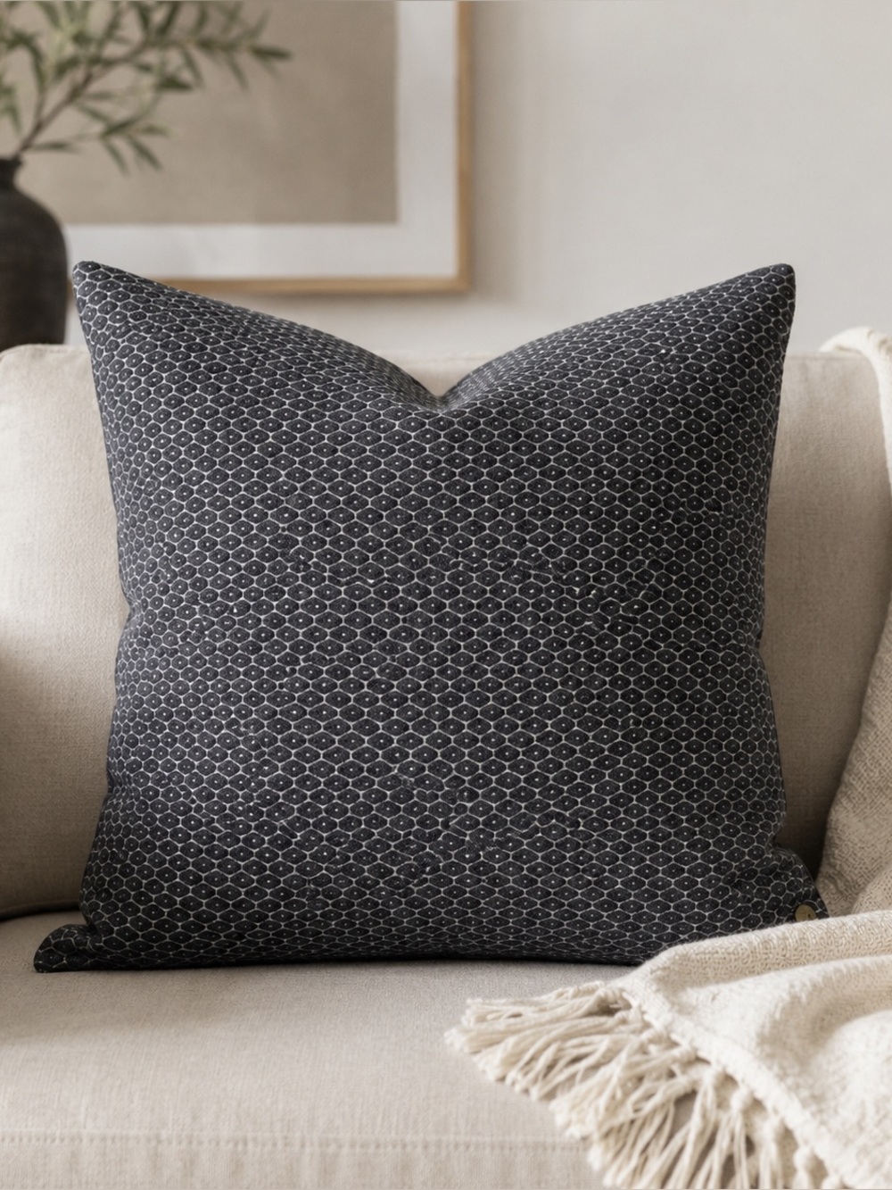West Elm Honeycomb Jacquard Velvet Pillow Cover 18” Charcoal